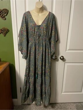 Boemo Paisley Tiered Maxi Dress XL Drape Sleeve Cinched Waist